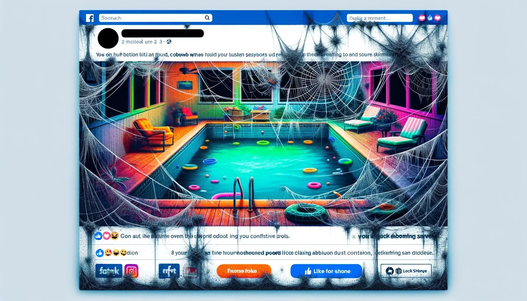 A Facebook ad for a pool cleaning service designed to look neglected, with cobwebs symbolizing user indifference. The wide ad is cluttered with excess