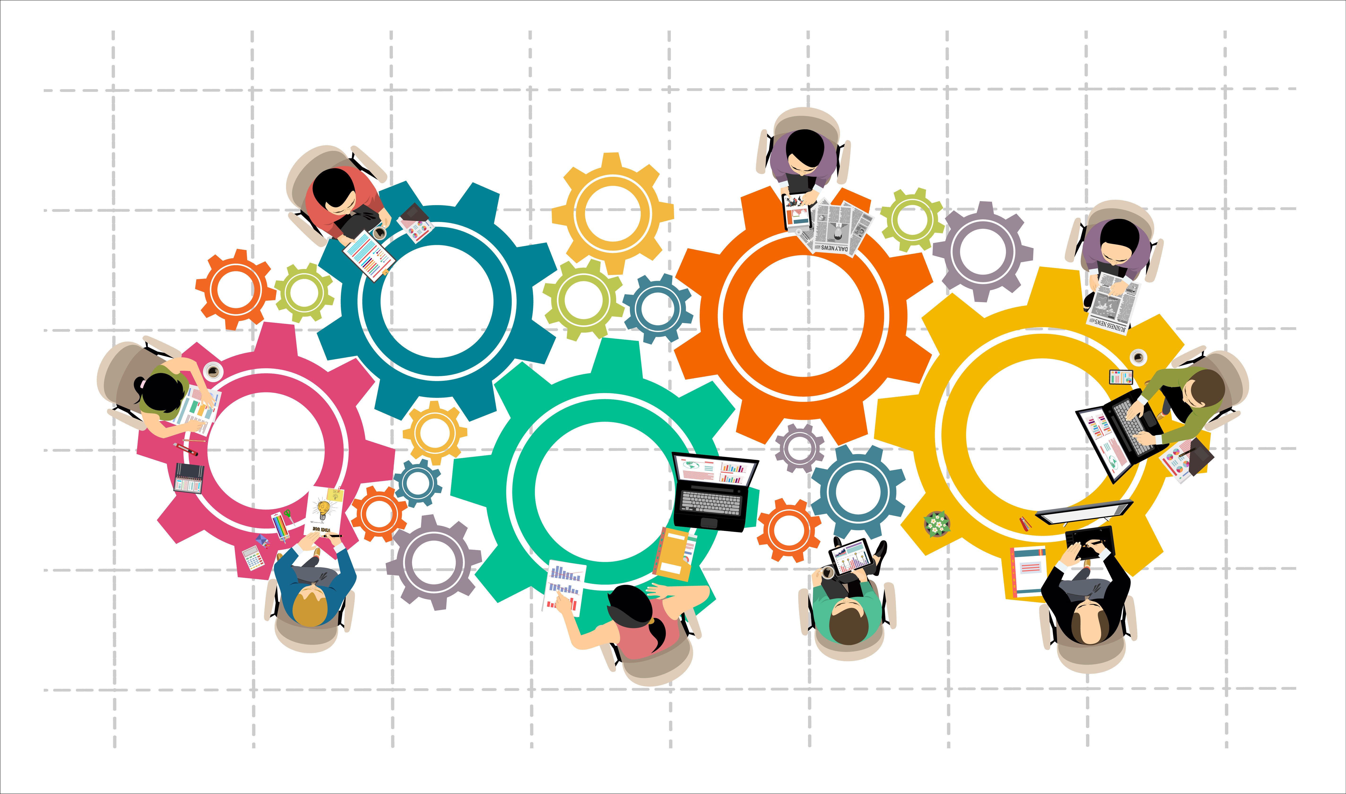 Professionals as cogs in a machine illustration