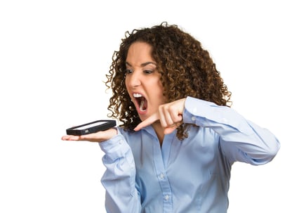 Closeup portrait aggressive, mad, frustrated angry woman yelling on phone isolated white background. Negative human emotion, facial expression, feeling, reaction. Communication, conflict resolution