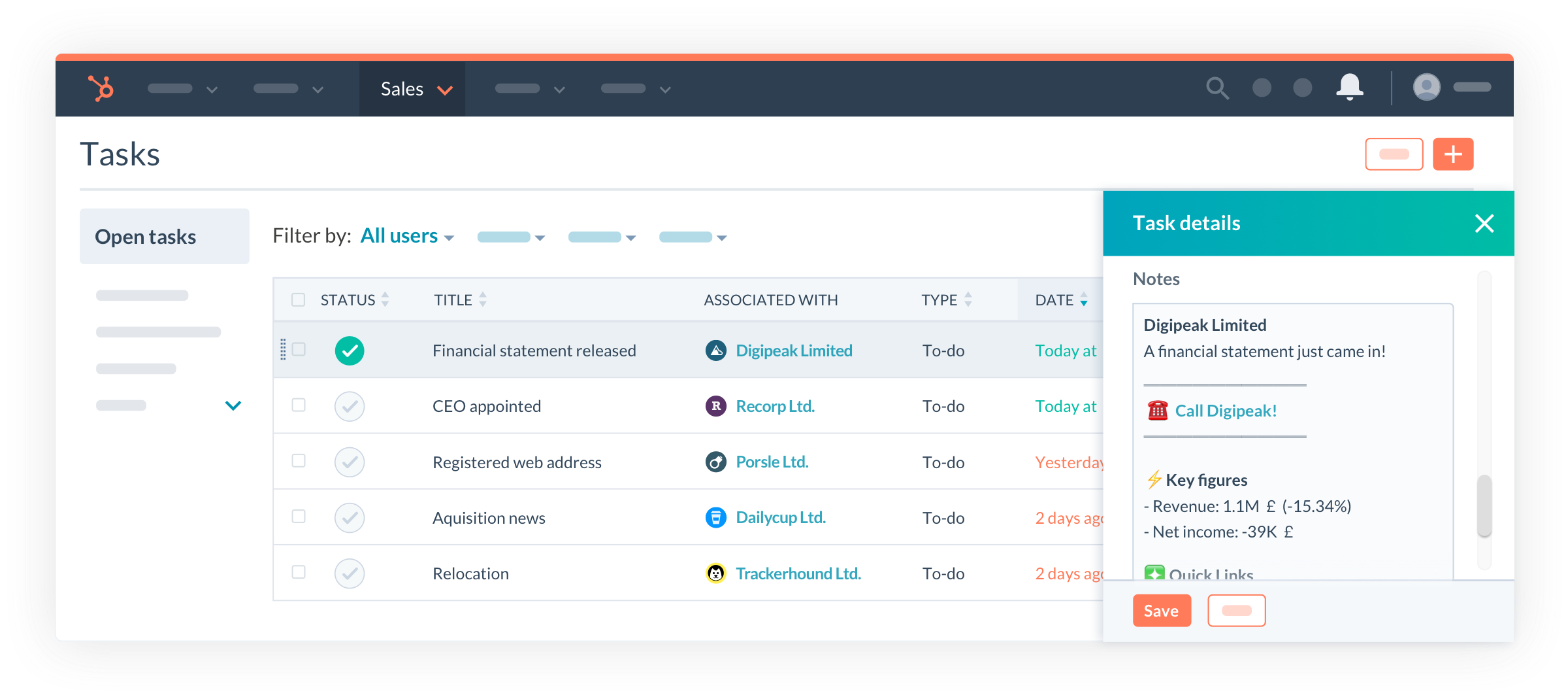 Vainu dashboard in Hubspot