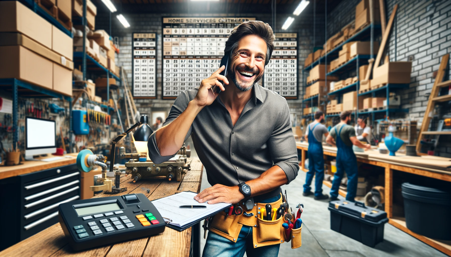 a joyful home services contractor at their companys warehouse, surrounded by the bustling activi
