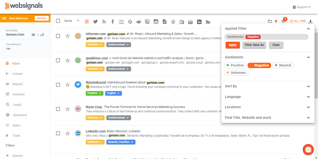 Using Negative Sentiment Filter in WebSignals